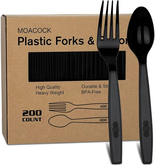 200 Count Black Plastic Silverware, Heavy Weight Plastic Forks Spoons, Disposable Utensils Cutlery Set for Wedding Party Supplies Everyday Use