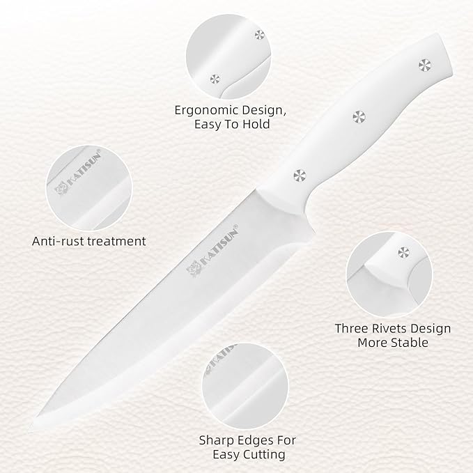 15-Piece White Kitchen Knife Set with Built-in Sharpening Stone, Ergonomic Triple Rivet Fixed Handles, Dishwasher Safe