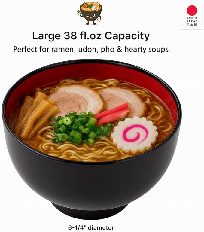 JapanBargain, 2-Pack Authentic Japanese Plastic Ramen Bowl, Black and Red Lacquered Style Noodle Soup Bowl, Made in Japan, Food Safe BPA Free, Microwave and Dishwasher Safe, 38 oz