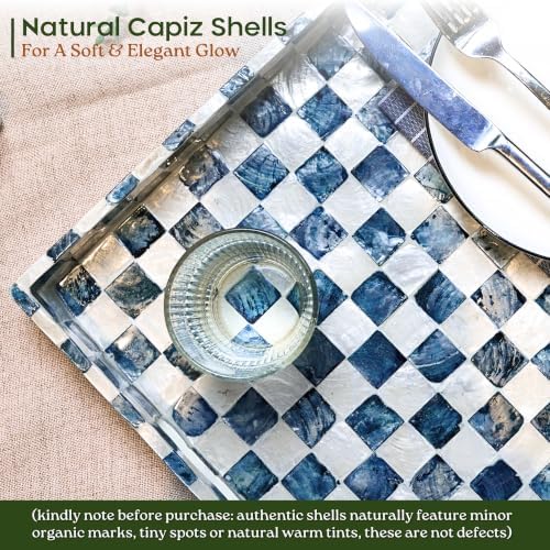 CHI AN HOME 16"x12" Capiz Shell Coastal Decorative Serving Tray, Navy Blue