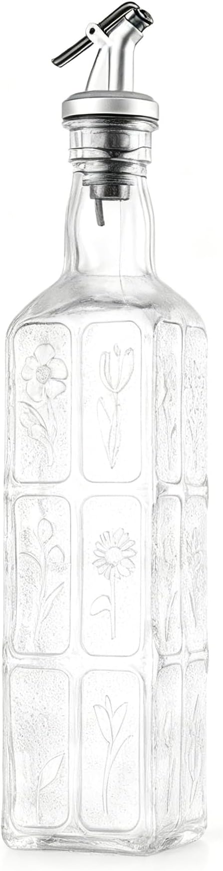 Glass Olive Oil Bottle Dispenser with Stainless Steel Nozzle Plug, 500ml Flowers Bouquet Embossed Square Oil and Vinegar Cruet, Oil Dispensers Carafe Decanter for Kitchen, 16.9 oz(Transparent)