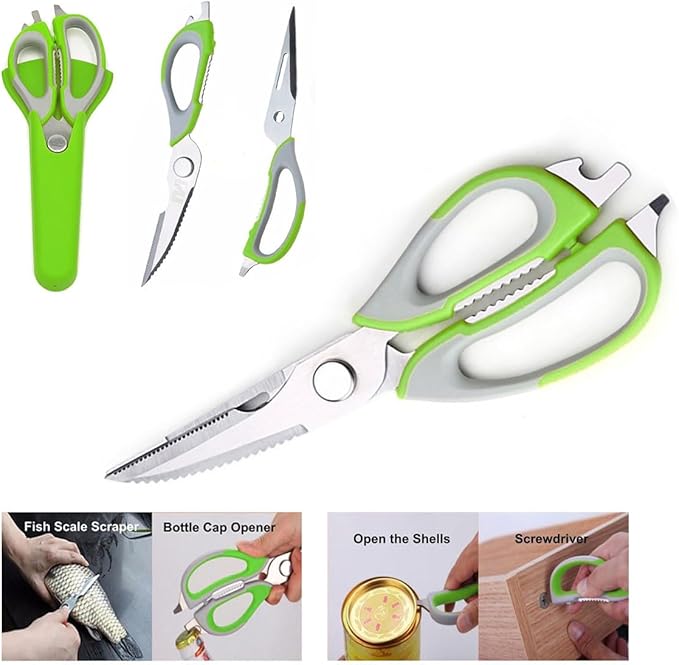 Multifunction Kitchen Food Scissors, Detachable Stainless Steel Heavy Duty Culinary Scissors, 7-in-1 Household Shears with Magnetic Holder, for Cut Poultry Meat Bone Vegetables Fruit Seafood (green)