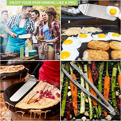 Metal Spatula and Scraper Set - Griddle Accessories kit - Grill Tongs Flat Spatula Pancake Flipper Hamburger Turner Squeeze bottles Set - Metal Utensil Great for BBQ Grill Flat Top Cast Iron
