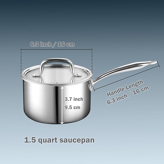 Cook N Home Stainless Steel Sauce Pan with Lid, 1.5 Quart 3-Ply Full Clad Small Kitchen Pot, Dishwasher & Oven Safe, Compatible w/ All Cooktops