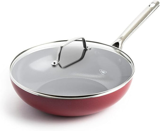 Textured Ceramic Nonstick, 11" Flat Bottom Wok Stir-Fry Pan with Lid for High Heat Cooking, Oven & Broiler Safe to 600 Degrees, Dishwasher Safe, PFAS PFOA & PTFE Free, Red