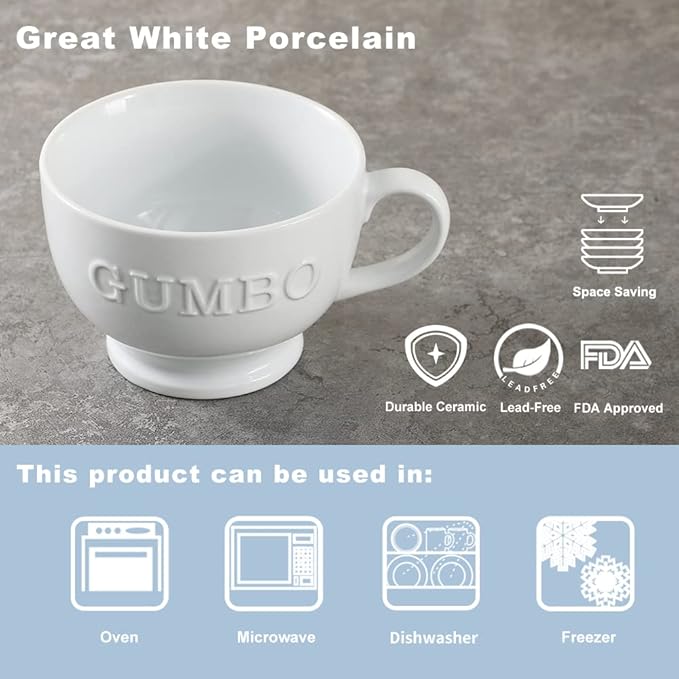 Jumbo Soup Mugs, Soup Bowls with Handle, 26 Ounce Ceramic Coffee and Cereal Mugs, Set of 2, White
