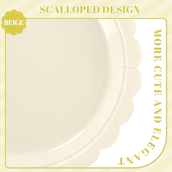 30 Pcs Ivory Paper Plates 9 Inch Disposable Scalloped Cream Plates Cute Beige Dessert Cake Plate Party Dinner Plate for Baby Shower, Wedding, Bridal Shower