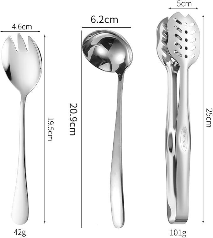 Silver Flatware 7 Piece Stainless Steel Set Includes Serving Spoons, Slotted Serving Spoon, Serving Tongs, Serving Fork, Salad Fork, Soup Ladle, Pie Server
