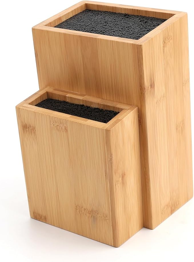 Bamboo Universal Knife Block, Extra Large Two-tiered Slotless Bamboo Knife Stand Organizer Holder, Convenient Safe Storage for Knives & Utensils, Detachable Bristles for Easy Cleaning -by KITCHENDAO