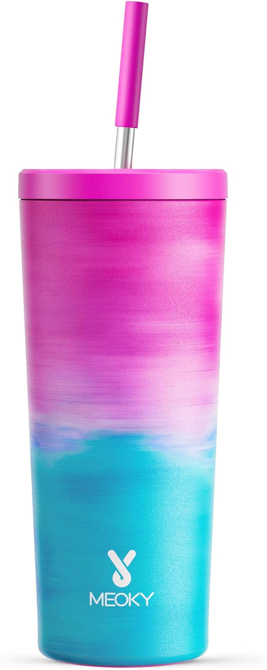 Meoky 24 oz Insulated Tumbler with Lid and Straw, Stainless Steel Vacuum Insulated Tumbler, Keeps Cold for 24 Hours, 100% Leak Proof, Fits in Car Cup Holder (Marshmallow)