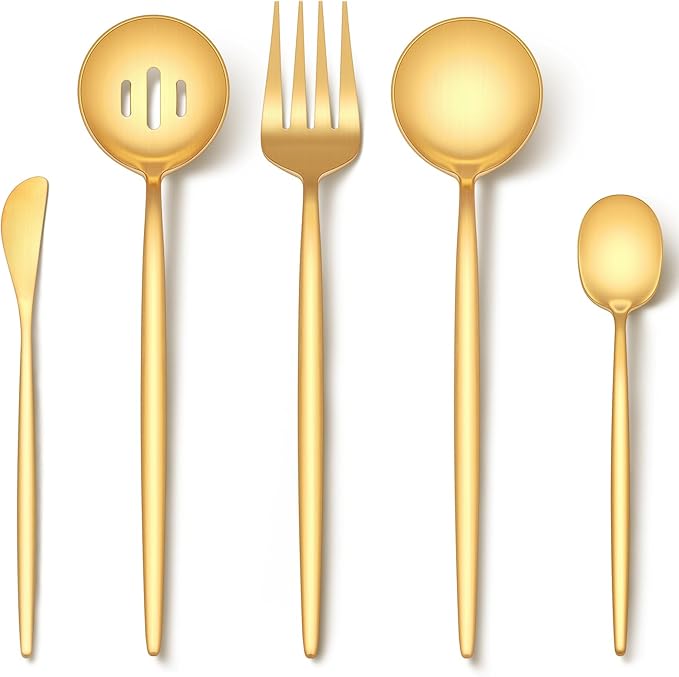 EUIRIO 5PCS Large Serving Utensils Set, Matte Gold Hostess Flatware Serving Utensils, Heavy Duty Stainless Steel Serving Spoon, Slotted Spoon, Serving Fork, Sugar Spoon&Butter Knife, Dishwasher Safe