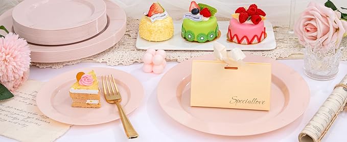 FLOWERCAT 200PCS Pink Plastic Plates Disposable Plates for Party - Heavy Duty Plastic Plates - 100 10" Pink Dinner Plates and 100 7" Pink Salad Plates for Weddings, Easter Parties,Mother's Day