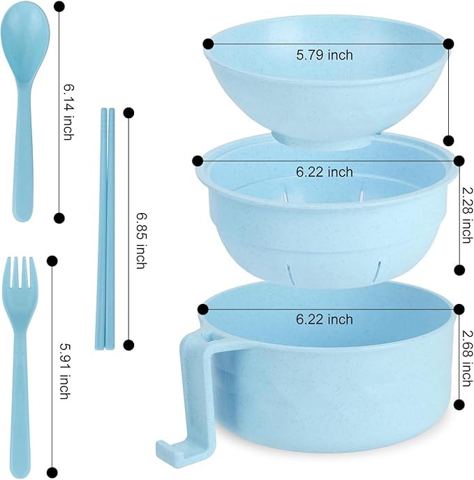 Ramen Bowl Set of 2, Ramen Cooker 33 oz, Ramen Bowls with Chopsticks and Spoon, Microwave Pasta Cooker, Ramen Bowl Microwave Gift College Dorm Essentials for Girls Guys (Blue&Pink)