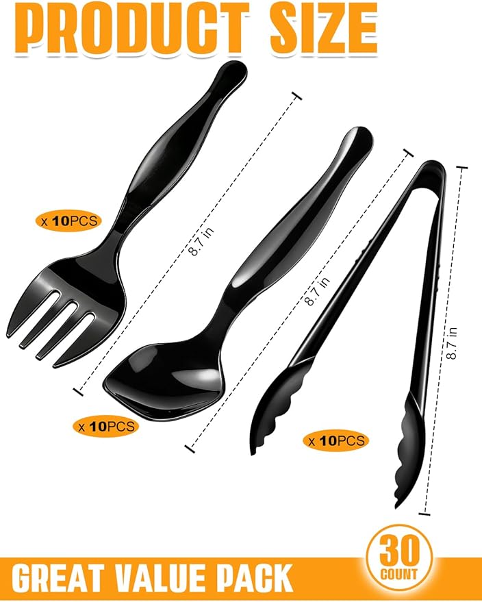 30PCS Disposable Plastic Serving Utensils for Parties, Buffet Serving Utensils Set-10 Black Plastic Serving Spoons, 10 Tongs and 10 Forks for Catering, Entertaining and Parties