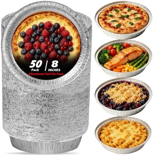 50 Pack 8" Round Aluminum Pans Pie Tins - Disposable Foil Baking Pans for Pies, Pot Pies, Quiche, Tarts and Casseroles, Oven/Freezer Safe Cake Baking Pans