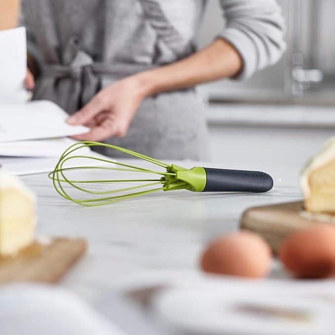 Joseph Joseph Twist Whisk 2-In-1 Collapsible Balloon and Flat Whisk Silicone Coated Steel Wire, Gray/Green