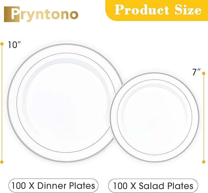 200PCS Sliver and White Plastic Plates, Disposable Party Plates with Silver Rim, Include 100 Dinner Plate and 100 Elegant Dessert Plate for Party and Wedding