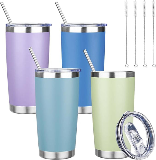 20 oz Tumbler with Lids and Straws, Stainless Steel Insulated Travel Coffee Mug, Double Wall Vacuum Insulated Tumblers, Powder Coated Coffee Tumbler for Cold & Hot Drinks (Mix Color-1)