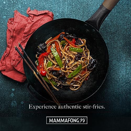 Large Flat Bottom 16-inch Traditional Carbon Steel Wok Pan - Authentic Hand Hammered Woks and Stir Fry Pans - Pow Wok with no chemical coating