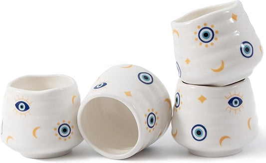 4pcs Japanese Tea Cup Set – 160ml 5.4OZ Ceramic Matcha Cup, Small Handless Espresso Cups, Cute Coffee Mugs for Valentine (Evil Eye)