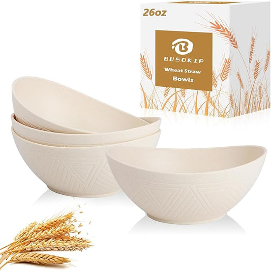 Wheat Straw Bowls Set of 4, Unbreakable Cereal Bowl 26 OZ, Microwave & Dishwasher Safe Kitchen Bowl for Ramen, Salad, Oatmeal, Rice, Plastic Bowls Reusable for Camping - Beige