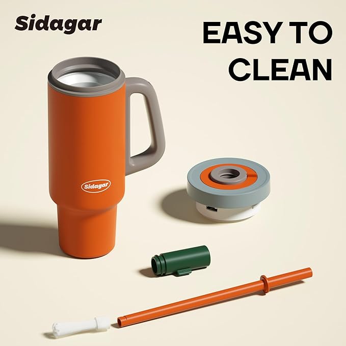 Tumbler with Handle,36 oz Ceramic Lined Travel Mug Water Bottle with Straw,Vacuum Insulated Stainless Steel Cup with Lid,Fits Cup Holder, Leak Resistant Press-in Lid,Orange