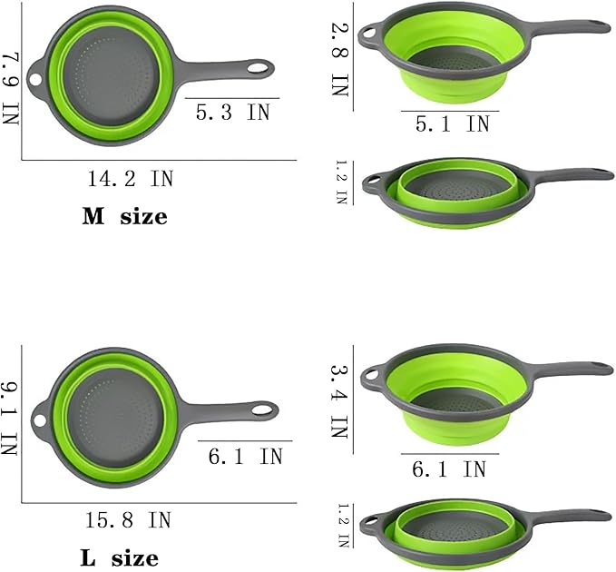 Kitchen Collapsible Colanders Set,Collapsible Colanders with Handles,Dishwasher Safe,Space-Saver Folding Strainer Colander for Draining Pasta Vegetable Fruits (Green)