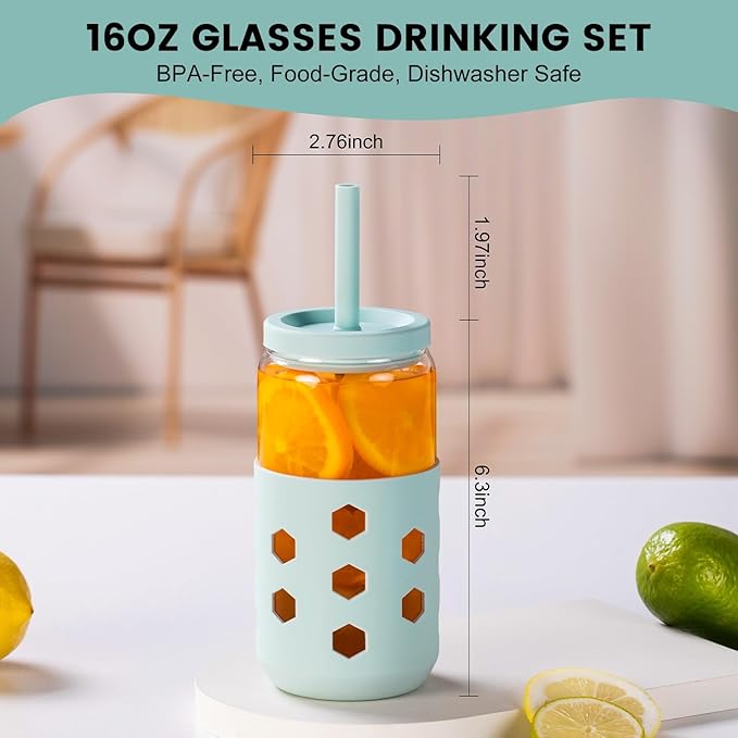 Glass Cups with Lids and Straws 4 Pcs, 16oz Glass Tumbler with Silicone Straw and Sleeve for Coffee Bar Accessory, Drinking Glasses Set Reusable Iced Coffee Cup - Smoothie Cup for Gifts