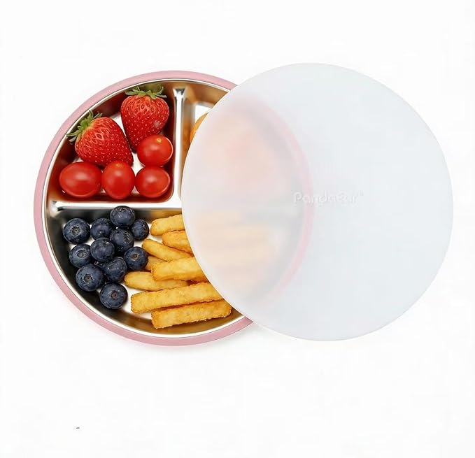 PandaEar 3 Pack Stainless Steel Baby Suction Plates, Divided Toddler Plate for Baby Led Weaning Supplies, Non-Slip Toddler Baby Feeding Set Dishwasher Safe (Pink/Linen/Light Pink, With Lids)
