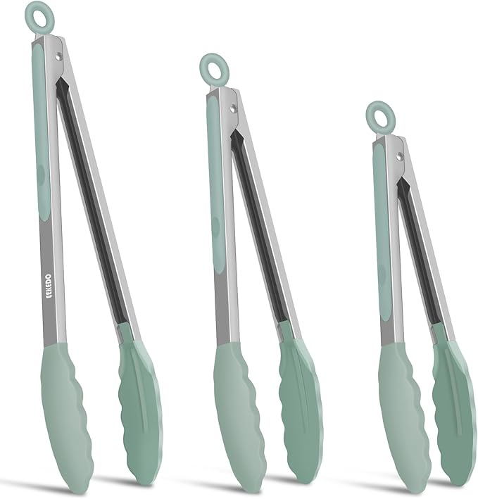 Kitchen Tongs, Stainless Steel Cooking Tongs with Silicone Tips, 600ºF High Heat-Resistant Non Scratch Locking Tongs for Cooking BBQ Grilling Air Fryer Pans, Set of 2 (7" 9" and 12") Sage Green