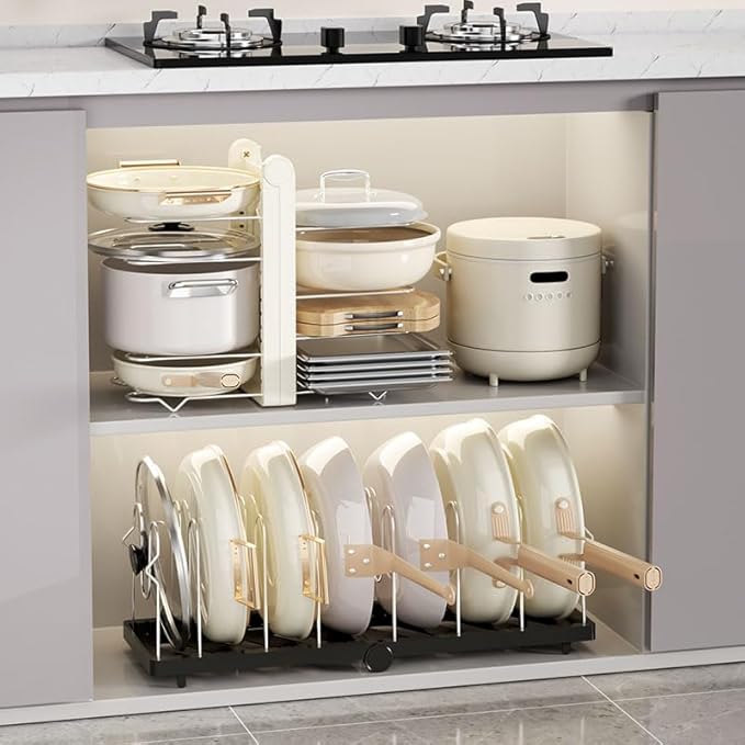 Pots and Pans Organizer under Cabinet,15.35" Height 8 Tier Pot Organizers Rack,Heavy-Duty Pot & Pan Organizer,Adjustable Pan Organizer under Cabinet Kitchen Organization and Storage,Black