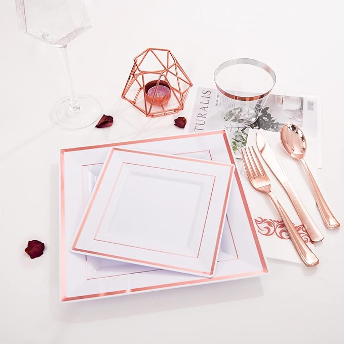 WDF 300 Pieces Rose Gold Plastic Silverware- Disposable Flatware Set - Heavy Duty Plastic Cutlery Includes 100 Forks, 100 Spoons, 100 Knives Perfect for Wedding, Party,Birthday