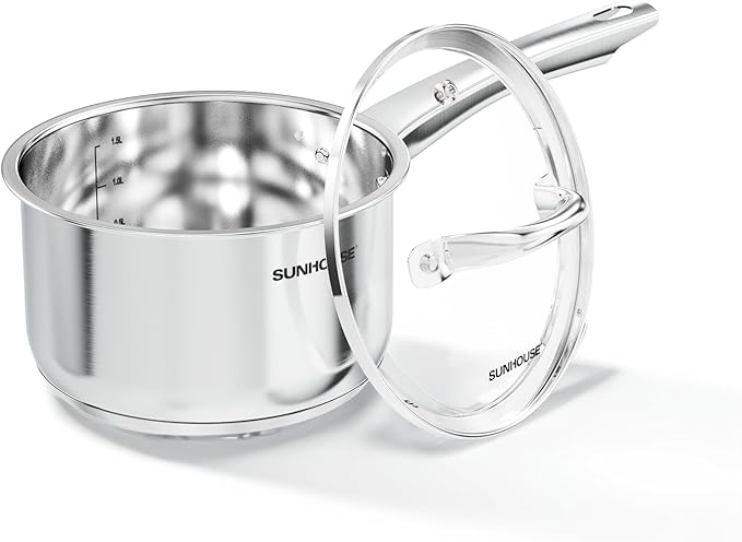 Sunhouse – 2 Quarts Stainless Steel Sauce Pan with Lid - PFOA-FREE, Stainless Steel Sauce Pan, Advanced Impact Bonding Induction Base, Stay-Cool Handle, Compatible with All Cooktops