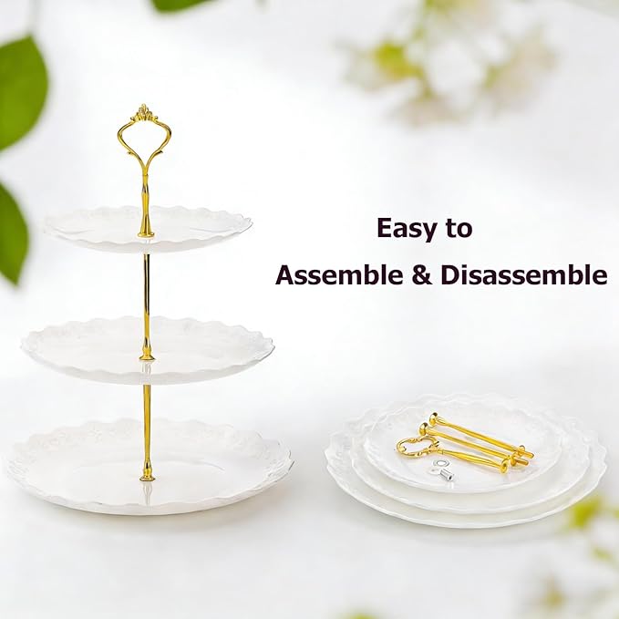 Tosnail 3 Pack 3 Tiers White Plastic Cupcake Stand Dessert Holder Tiered Serving Trays with 3 Styles Fittings, Party Serving Trays Fruit Pastry Holders for Wedding and Party
