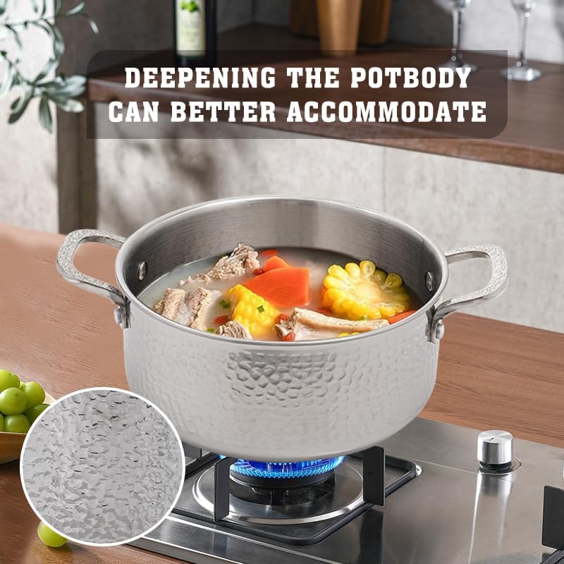 Vivicreate Tri Ply Stainless Steel Stock Pot with Lid 5 Quart Hammered Stockpot Induction Cooking Pot Soup Pot Compatible with All Stovetops (5QT)