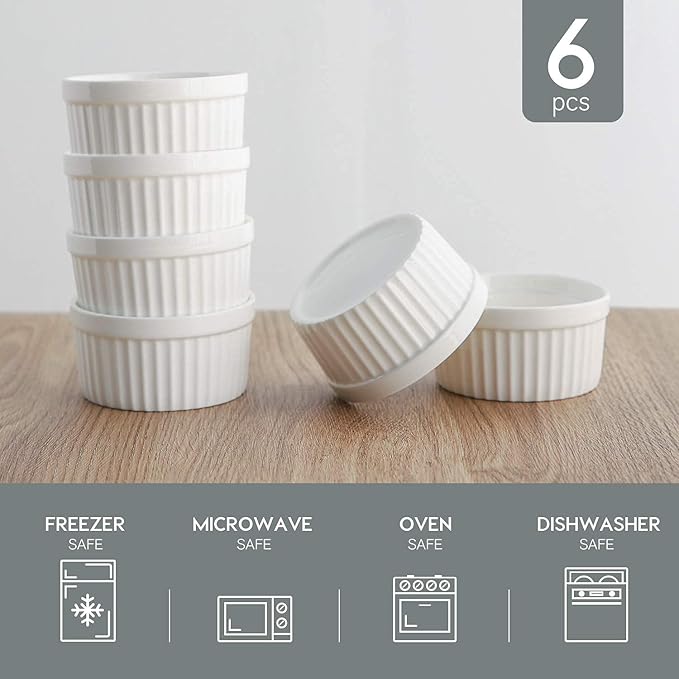 Porcelain Ramekins 4 oz Oven Safe, Small Souffle Dishes for Creme Brulee, Ice Cream, Dipping and Sauces Cup, Ceramic White Mini Baking Bowls Set of 6