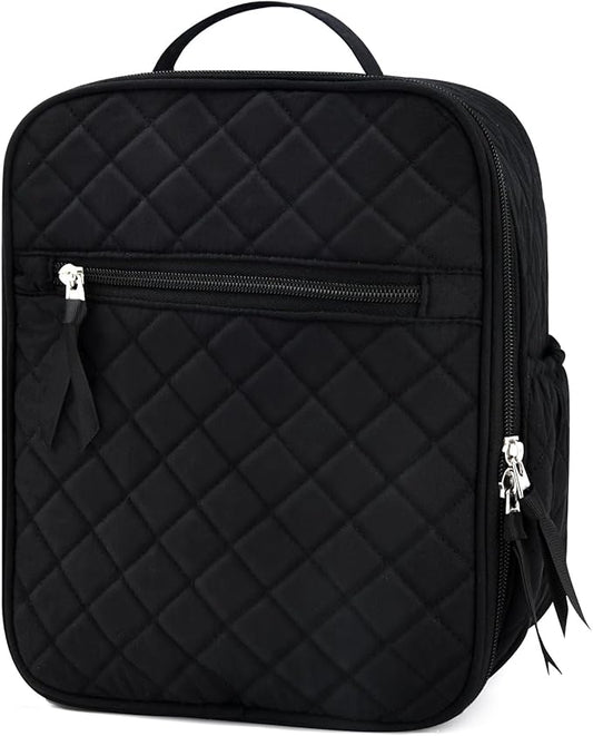 Aileam Lunch Box for Women Black Lunch Bag Quilted Reusable Insulated Cute Lunch Box Aesthetic Tote Bags Floral Cotton Lunch Case for Travel Work Picnic (Black)