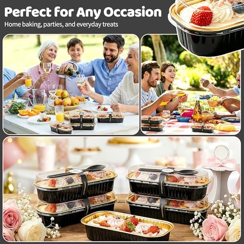 100 Pack Mini Loaf Pans with Lids and Spoons, 6.8oz Mini Cake Pans for Baking, Disposable Rectangle Aluminum Foil Small Loaf Baking Pans Cake Tins, Individual Small Cake Containers with Sticker, Black