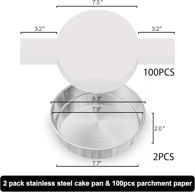 8 Inch Cake Pan Set of 2, Nonstick Stainless Steel Round Layer Cake Baking Pans with 100PCS Parchment Papers, Circle Cake Pan Tins for Birthday Christmas, Non-Toxic & Healthy, Dishwasher Safe