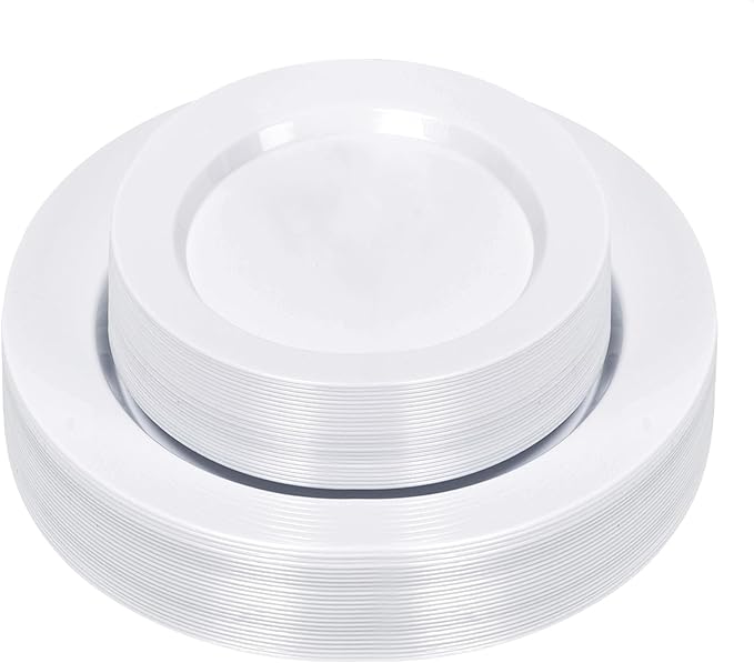 50PCS White Plastic Plates, Disposable Dinnerware for 25 Guests, Include 10.25 inch & 7.5 inch Dinner & Dessert Plates for Party, Wedding and Graduation