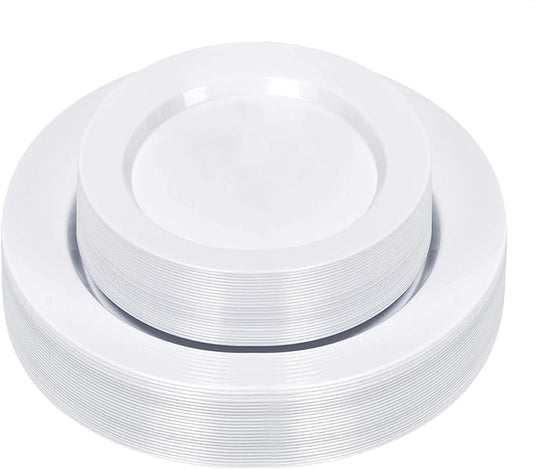 50PCS White Plastic Plates, Disposable Dinnerware for 25 Guests, Include 10.25 inch & 7.5 inch Dinner & Dessert Plates for Party, Wedding and Graduation