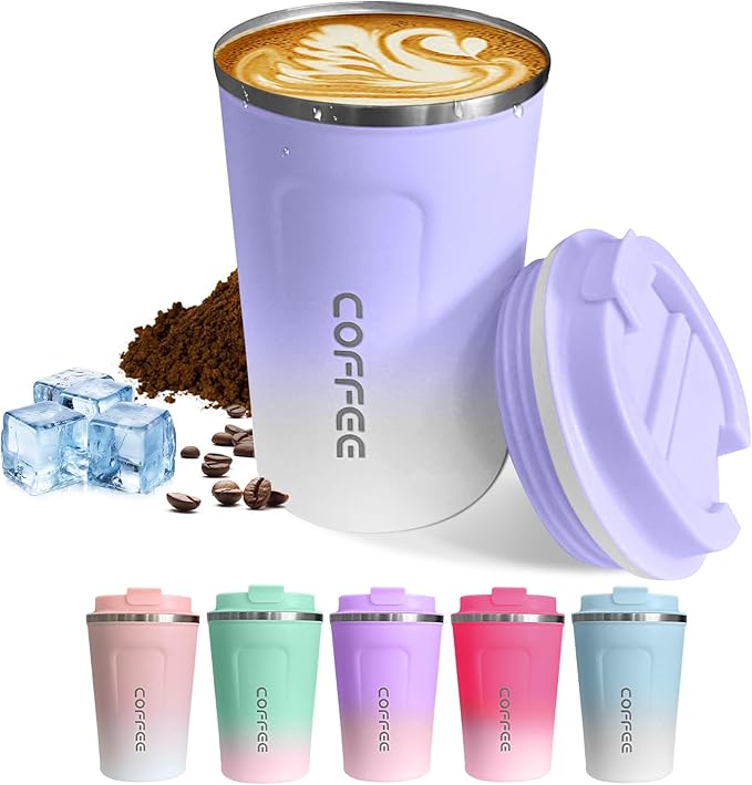 Travel Coffee Mug Leak-Proof, Reusable Coffee Cups with Lid, Stainless Steel Vacuum Insulated Coffee Tumblers, Thermal Insulation Cup for Men & Women Hot & Cold Drinks(2nd-Purple White, 12OZ)