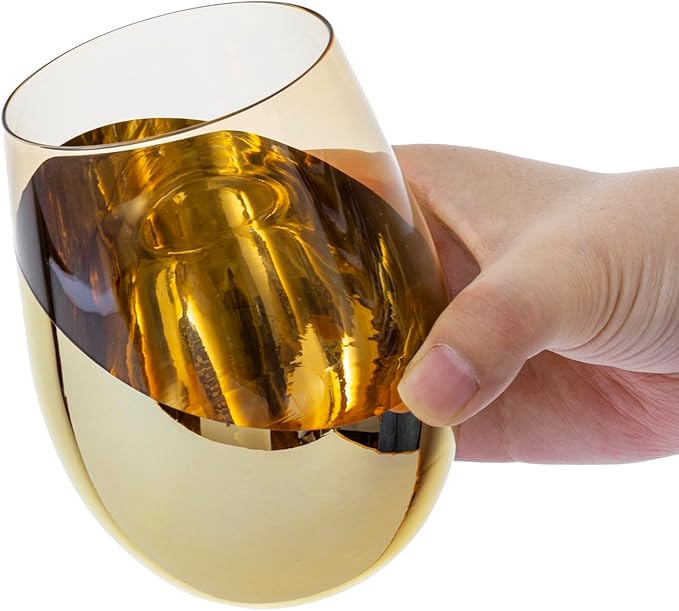 MyGift 18 oz Mid Century Smoked Brown Stemless Wine Glasses with Angled Brass Accents, Translucent Vintage Amber Glass Cocktail Beverage Drinking Cups, Set of 4