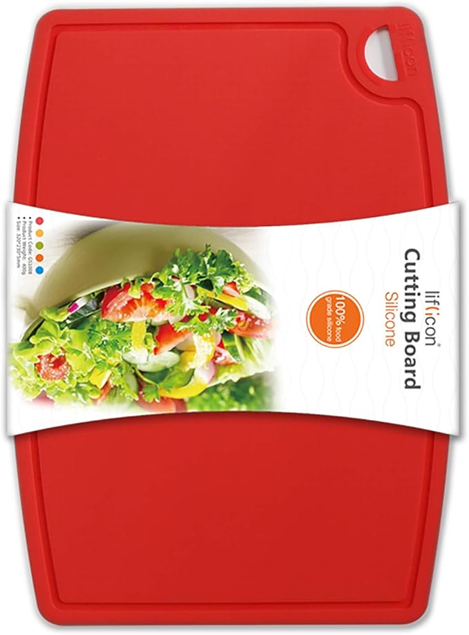 Liflicon Thick Silicone Cutting Board 12.6'' x 9.1'' Juice Grooves Easy Grip Handle Dishwasher Safe-Red