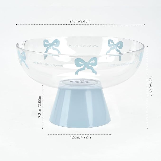 Candy Bowl with Pedestal Base, Decorative Clear Plastic Bowl with Cute Pattern for Candy, Fruit, Vegetable, Coffee Pods, 9.5x9.5x6 Inches (Blue)