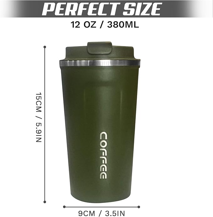 Travel coffee mugs leak-proof, reusable coffee cups with lids, stainless steel vacuum insulated coffee tumblers, thermal insulation cups for men & women keep drinks hot & cold(2nd-Green, 12OZ)