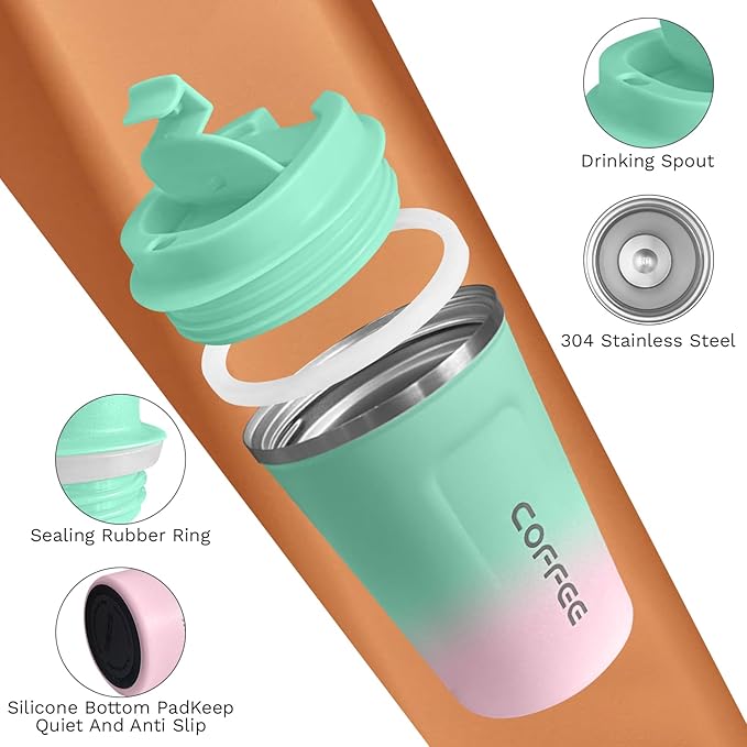 Travel Coffee Mug Leak-Proof, Reusable Coffee Cups with Lids, Stainless Steel Vacuum Insulated Coffee Tumblers, Thermal Insulation Cup for Men and Women Hot & Cold Drinks(2nd-Green Pink, 12OZ)
