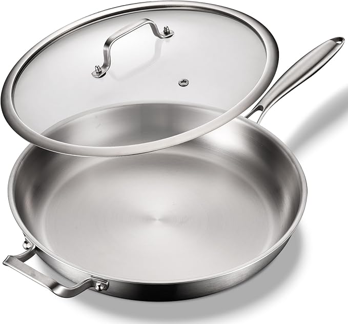 DELARLO Tri-Ply Stainless Steel Pan, 18/10 Frying Pan, Oven Safe Up to 600°F, Nontoxic Cookware, Compatible with All Cooktops Skillet, Durable, Fast Even Heat Fry Pan,Large 14.2 Inch Frying Pan