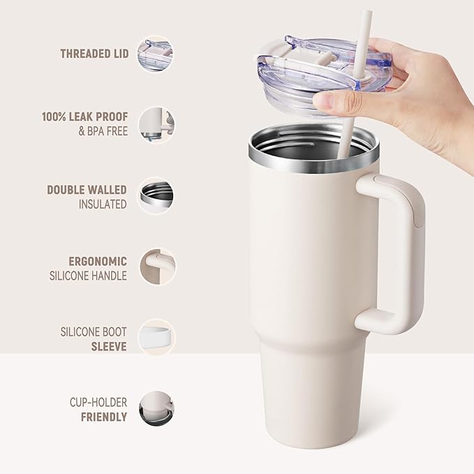 COKTIK 40 oz Tumbler With Handle and Straw, Insulated Tumbler With Leakproof Lids, Stainless Steel|BPA-Free, Cold for 24 H (Beige)