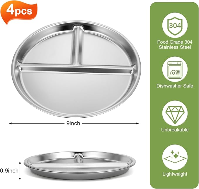 4pcs 304 Stainless Steel Kids Plates，9"Non-Toxic Circular Portion Control Plate，Suitable For Children To Use,Portion Plates For Weight Loss Adults，Reusable, Non-Toxic, Anti Drop, And Dishwasher Safe